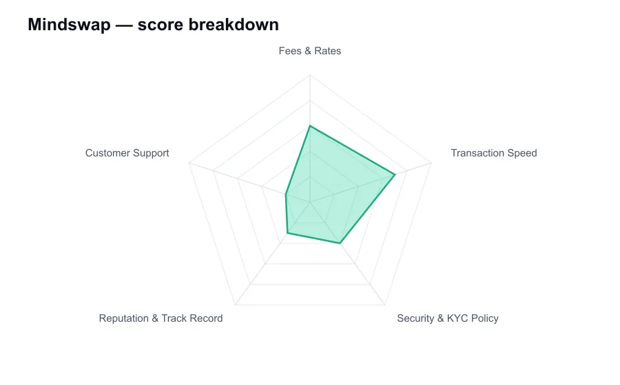 Mindswap score breakdown by criterion, shown as a radar chart