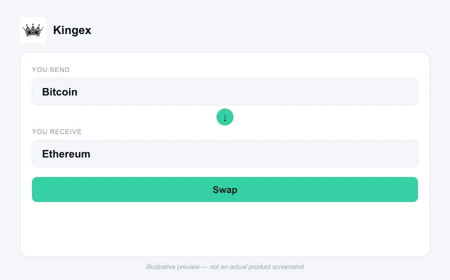 Illustrative swap flow preview for Kingex - not an actual product screenshot